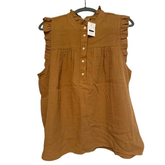 J. CREW Factory Gauze Smocked Ruffle Neck Top Warm Brandy Tan Sz XL NWT {WW2} - Picture 3 of 4